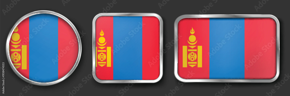 Fototapeta premium MONGOLIA Metallic Flag Collection, Circular, Square and Rectangular MONGOLIA Flag Badges Set