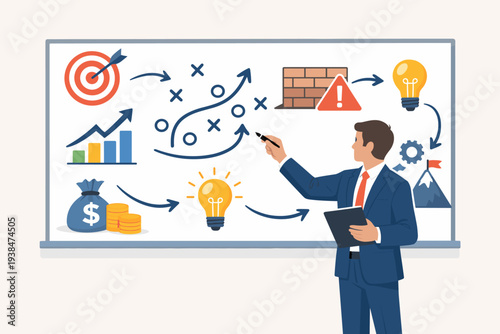Professional businessman drawing a complex marketing strategy on a whiteboard with icons for targets, financial growth, creative ideas, and overcoming obstacles to achieve project success.