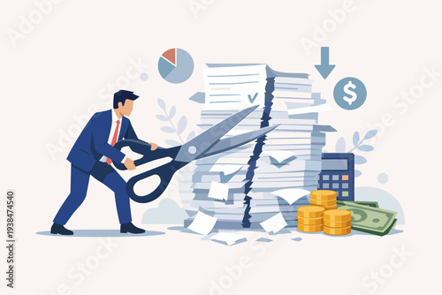 Businessman in suit cutting a large stack of bills with giant scissors to reduce costs and expenses, tax or payment deduction, limit spending and control cash flow, financial management concept.