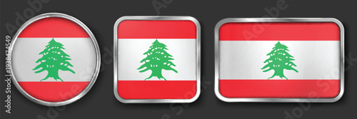 LEBANON Metallic Flag Collection, Circular, Square and Rectangular LEBANON Flag Badges Set