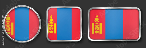 MONGOLIA Metallic Flag Collection, Circular, Square and Rectangular MONGOLIA Flag Badges Set