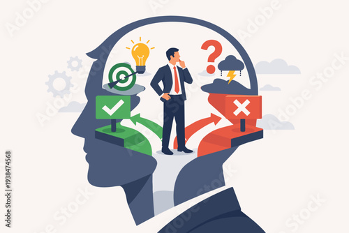 Businessman standing at a crossroads inside a human head silhouette, choosing between right and wrong paths, representing decision making, logical thinking, problem solving, and ethics.