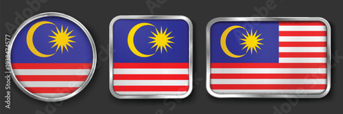 MALAYSIA Metallic Flag Collection, Circular, Square and Rectangular MALAYSIA Flag Badges Set