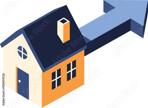 Isometric House with Upward Arrow Symbolizing Real Estate Growth