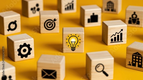 Innovative business concepts with wooden blocks and glowing lightbulb idea