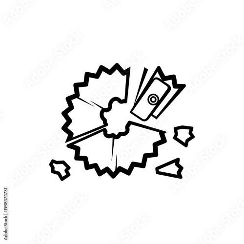 A black and white image of a shattered apple with money falling out silhouette