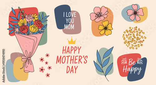 A vibrant illustration featuring a bouquet of flowers, heartfelt messages, and cheerful elements in a modern style, ideal for Mother's Day