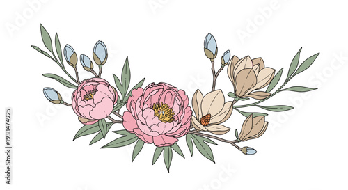 A beautiful floral arrangement featuring peonies and magnolias in a modern, minimalist style, perfect for design projects