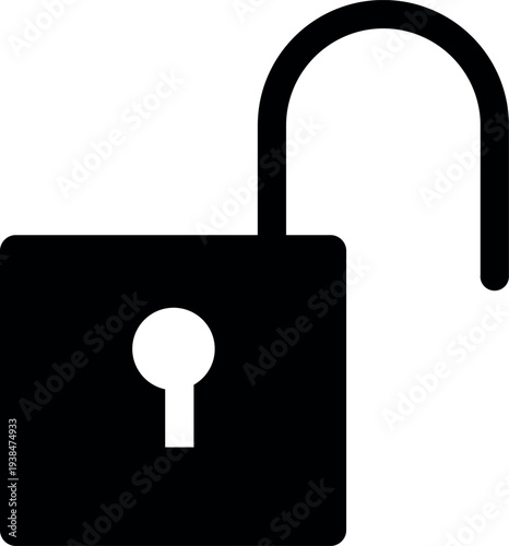 Minimal black open padlock icon isolated on gray background representing unlocked security, data access, privacy concept, cybersecurity, protection, and authentication symbol.