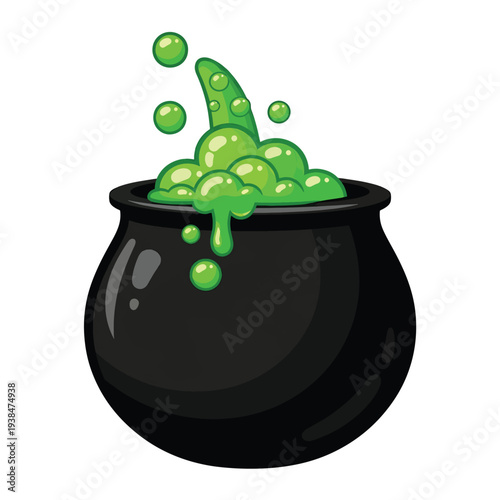 A bubbling black cauldron filled with vibrant green potion, illustration of a magical brew, fantasy scene from a close-up viewpoint