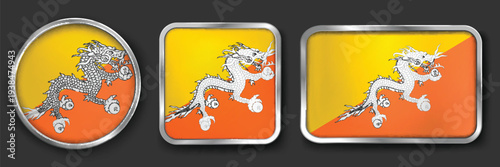 BHUTAN Metallic Flag Collection, Circular, Square and Rectangular BHUTAN Flag Badges Set