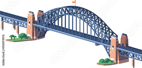 Iconic Arched Bridge Isometric Illustration Sydney Harbour Style