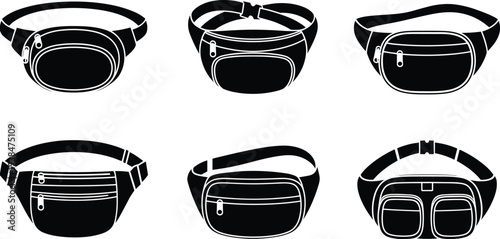 Vector set of various waist bag silhouettes and fanny packs, belt bag icons for travel and fitness, isolated on white,