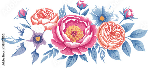 Elegant Floral Border Vector Illustration with Pastel Roses Peonies Leaves and Botanical Elements for Wedding Invitations Romantic Designs