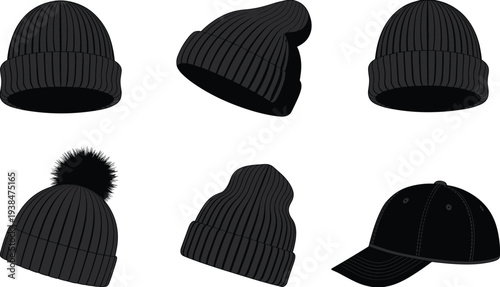 Vector set of winter beanie hats and baseball cap silhouettes, knit headwear icons for cold weather fashion, isolated on white,