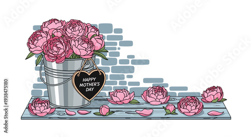 A charming illustration of pink roses in a metal bucket, featuring a wooden backdrop, perfect for Mother's Day