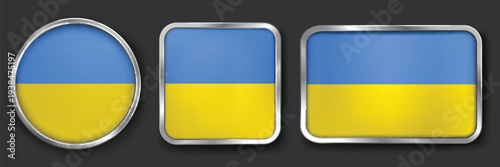 UKRAINE Metallic Flag Collection, Circular, Square and Rectangular UKRAINE Flag Badges Set