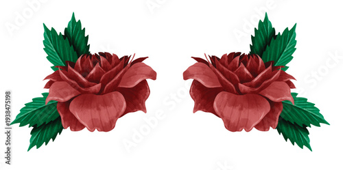 Red rose floral border creating a romantic corner frame with green leaves and curly stems background. Corner frame decoration featuring vibrant red poinsettia flowers and green holly leaves, vector il