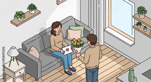 A cozy indoor scene featuring a couple exchanging gifts with flowers, illustrated in a modern, flat style
