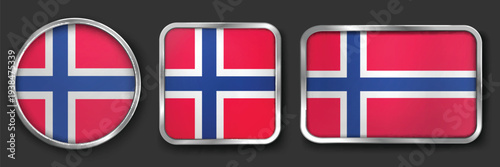 NORWAY Metallic Flag Collection, Circular, Square and Rectangular NORWAY Flag Badges Set