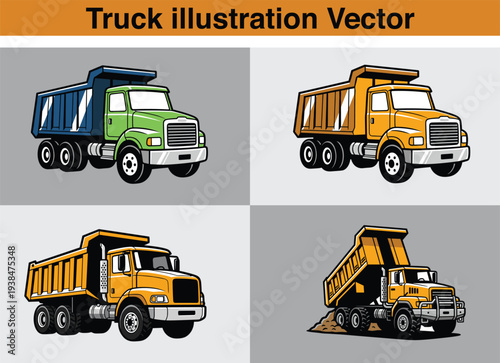 Colorful cartoon illustrations showcase various dump trucks in differing views and color schemes high quality professional detailed modern elegant stylish clean crisp vibrant colorful digital creative