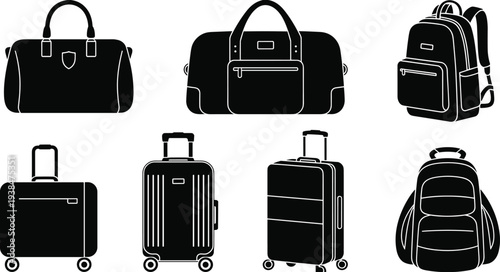 Travel luggage and bag silhouette collection featuring suitcases on wheels, backpacks, duffel bags, and briefcase icons for tourism graphic design.