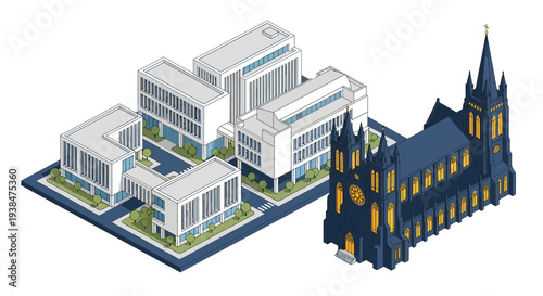 3D Model of Modern and Gothic Buildings.