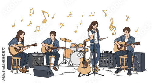 Band Performing on Stage with Instruments.