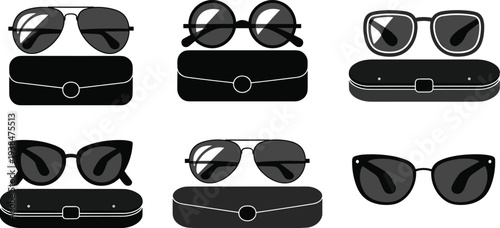 sunglasses, eyewear, vector, icon, case, glasses, fashion, accessory, protection, silhouette, collection, set, isolated, summer, optical,