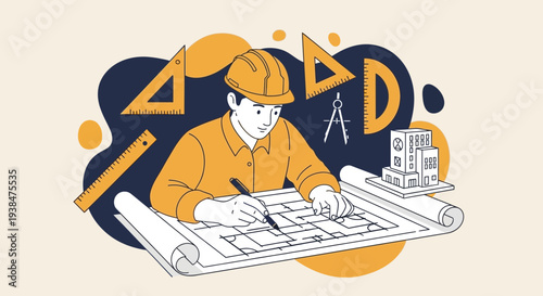 Construction Worker Designing Building Plans.