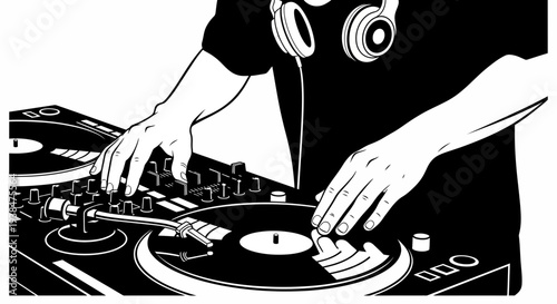DJ operating turntables with headphones around neck.