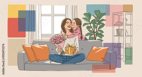 A heartwarming illustration of a mother and daughter sharing a joyful moment at home, featuring a modern, colorful style