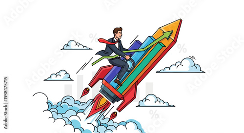 Man Riding Colorful Rocket Ship Illustration.