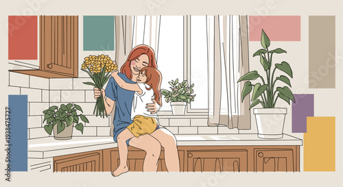 A heartwarming illustration of a mother hugging her child in a cozy kitchen, featuring a modern flat design