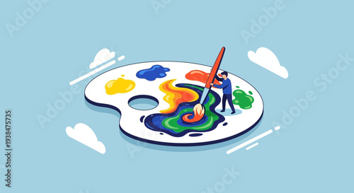 Painters Palette with Paints and Brush.