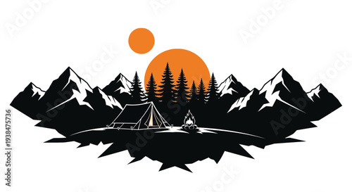 Mountain Landscape with Tent and Trees Silhouette.