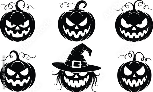 Spooky Halloween silhouette collection featuring haunted house, flying witch, scary jack o lantern pumpkins, and creepy cemetery graveyard vector illustration set.