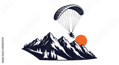 Paraglider Flying Over Snowy Mountain Landscape.