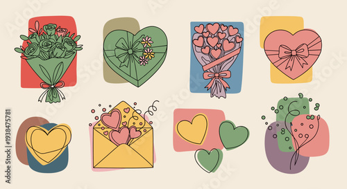 A vibrant collection of love-themed illustrations featuring flowers, hearts, and envelopes in a modern, playful style