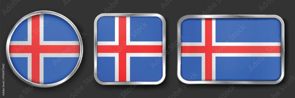Obraz premium ICELAND Metallic Flag Collection, Circular, Square and Rectangular ICELAND Flag Badges Set