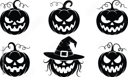 Spooky Halloween silhouette collection featuring haunted house, flying witch, scary jack o lantern pumpkins, and creepy cemetery graveyard vector illustration set.