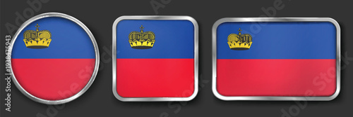 LIECHTENSTEIN Metallic Flag Collection, Circular, Square and Rectangular LIECHTENSTEIN Flag Badges Set