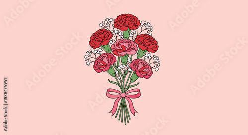 A vibrant bouquet of red carnations and delicate baby's breath on a soft pink background, featuring a charming ribbon