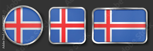 ICELAND Metallic Flag Collection, Circular, Square and Rectangular ICELAND Flag Badges Set