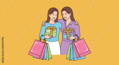 Two women happily holding shopping bags and gift boxes against a vibrant yellow background in a modern flat style