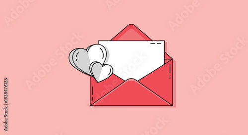 A red envelope with a white letter and two hearts, featuring a minimalist style, perfect for love-themed designs