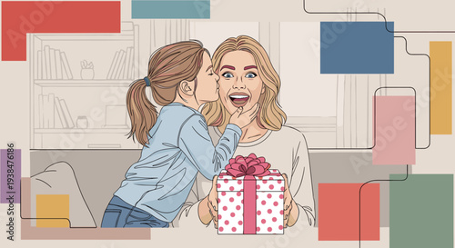 A joyful scene of a child whispering to a surprised woman holding a gift, illustrated in a modern, colorful style