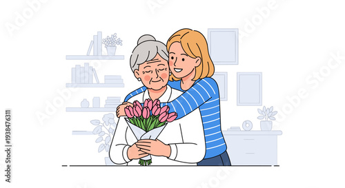 A young woman embraces an elderly lady holding a bouquet of flowers in a cozy indoor setting, illustrated in a modern style