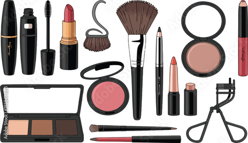 Makeup and Cosmetic Products Vector Illustration Set with Lipstick Blush Powder Brushes Eyeshadow Palette Mascara and Beauty Accessories