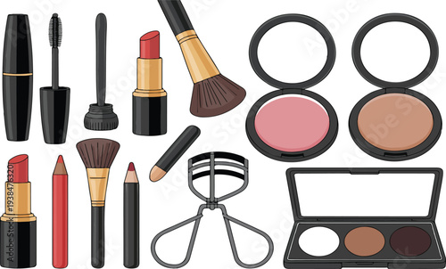 Makeup and Cosmetic Products Vector Illustration Set with Lipstick Blush Powder Brushes Eyeshadow Palette Mascara and Beauty Accessories